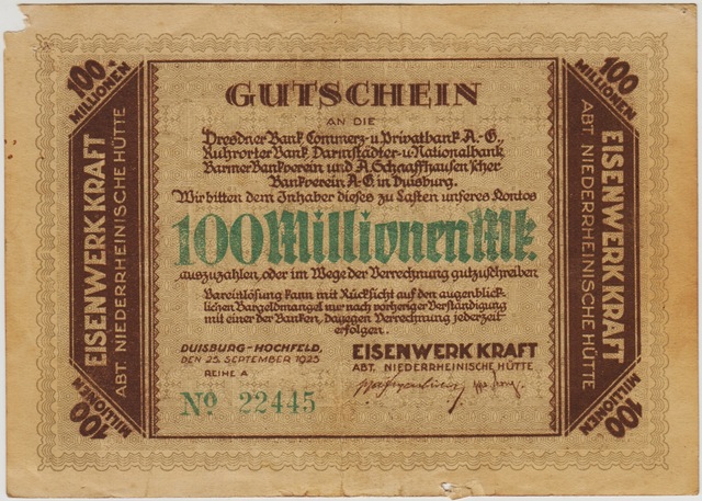 Almanya Duisburg 100.000.000 Mark 1923 Notgeld. Yerel Banknot. Sol Üst Köşede Kopma Var Ççt. Nadir.