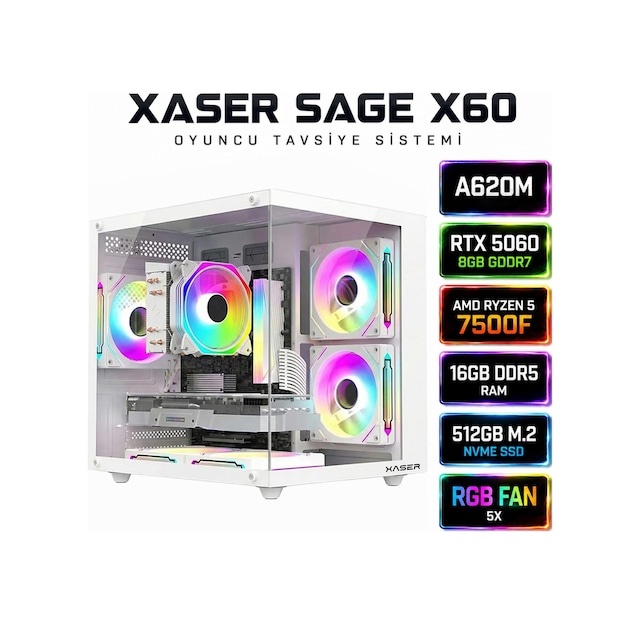 Xaser Sage X60 R5-7500F 16 GB 512 GB M.2 NVMe SSD 8 GB RTX5060 Free Dos Masaüstü Oyuncu Bilgisayarı