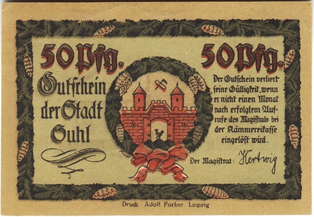 Almanya 50 Pfennig 1914-24 Notgeld-suhl Şehri-saksonya. Çil -