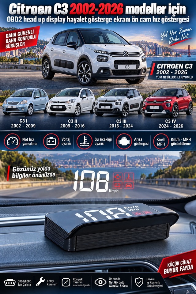 Citroen C3 2002-2026 Modeller İçin Obd2 Head Up Display Hayalet Gösterge Ekranı Ön Cam Hız Göstergesi