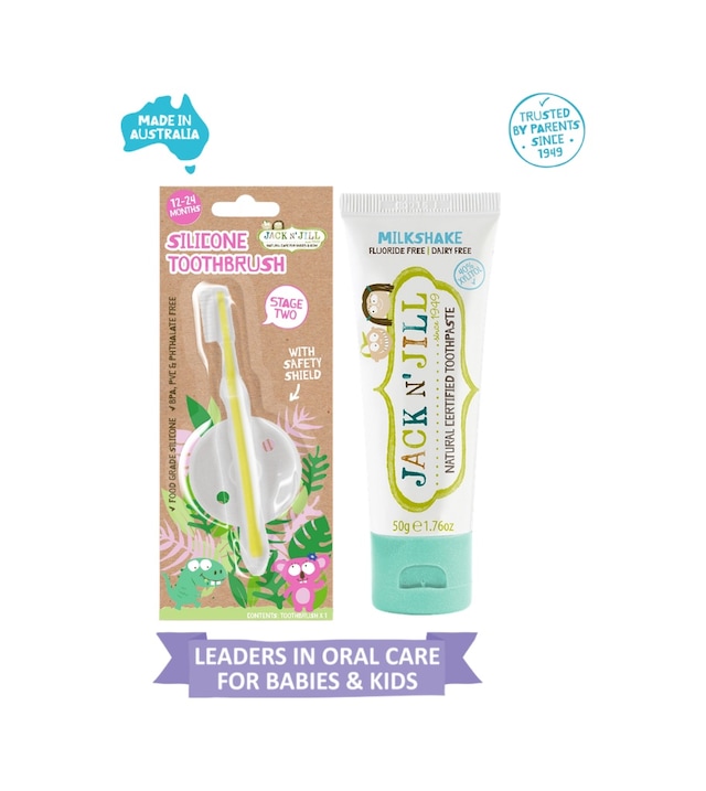 Jack N Jill Doğal Diş Bakım Seti Silikon Diş Fırçası + Milkshake Aromalı Macun 50g