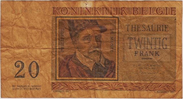 Belçika 20 Frank 1956 Sararmış.