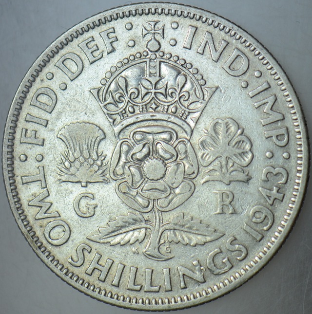 Birleşik Krallık 2 Şilin 1943 Gümüş. Kral 6. George - İkinci Dünya Savaşı Dönemi. 11,2 Gr.