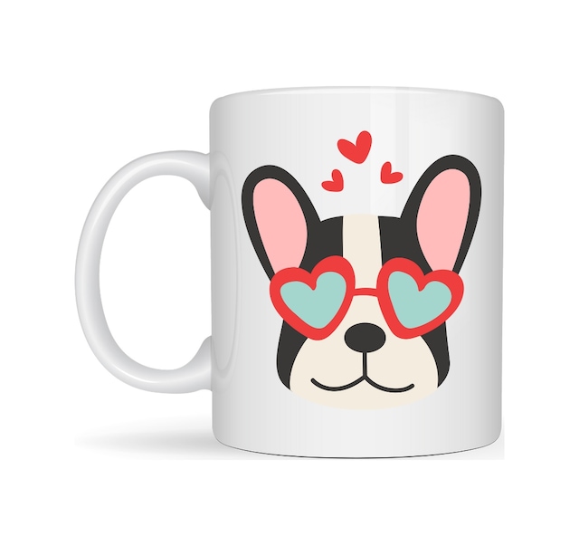 Kupa & Bardak French Bulldog Desenli Kalpli Gözlüklü Porselen Kupa Model 50 Sevimli Köpek Tasarımlı Kahve Kupası