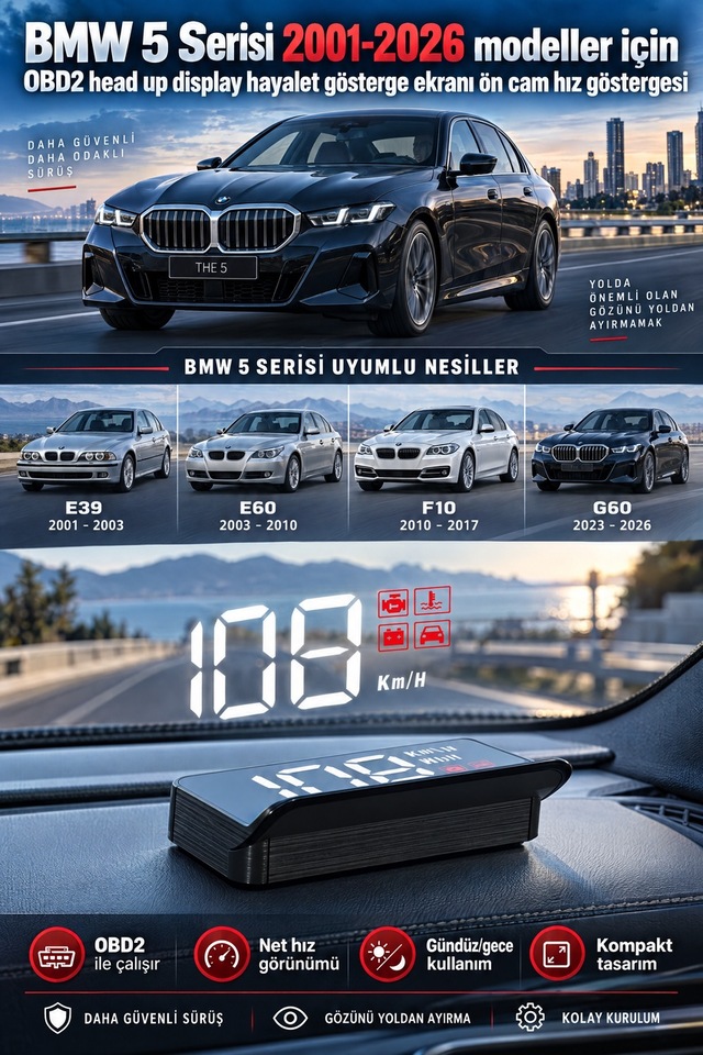 Bmw 5 Serisi 2001-2026 Modeller İçin Obd2 Head Up Display Hayalet Gösterge Ekranı Ön Cam Hız Göstergesi