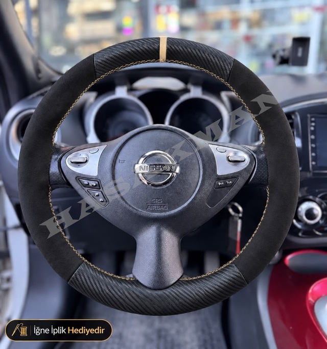 Nissan Juke Dikme Direksiyon Kılıfı Alcantara Süet Mat Karbon Bej Yüzük Ve Dikiş Tekna-platinum-çift Tarafı Tuşlu 2014-2019