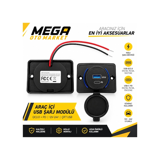 Mega Oto Market Usb 3.0 Ve Type-c Pd Hızlı Araç Şarj Soketi Koruma Kapaklı Panel Tipi Çakmaklık Güç Adaptörü 1 Adet