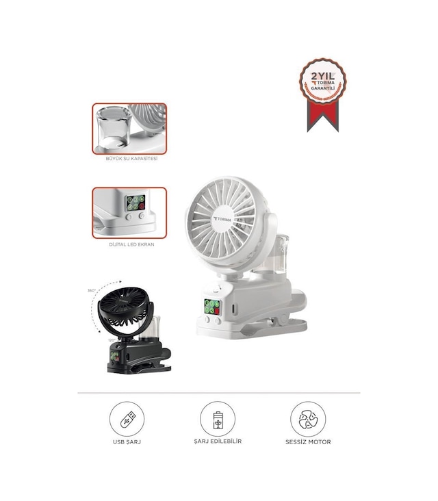 Torima F-14 Beyaz Dijital Ekranlı Şarjlı Su Kapasiteli Mini Masa Fan Vantilatör