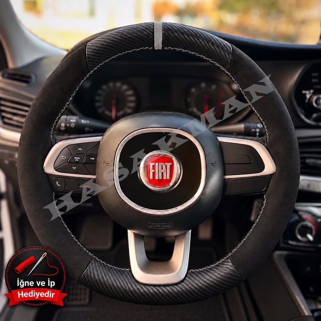 Fiat Egea Sedan Dikme Direksiyon Kılıfı Alcantara Süet Mat Karbon Gri Yüzük Ve Dikiş 2015-2021 Siyah