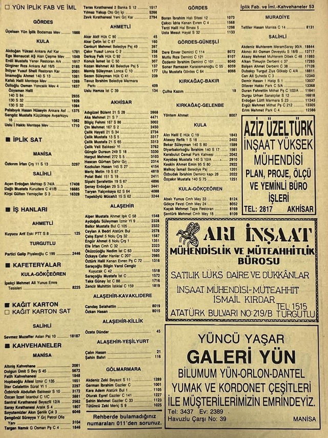 Manisa 1987 Meslek Reklam İlanı Efemera S-53 Teşhir Ürün