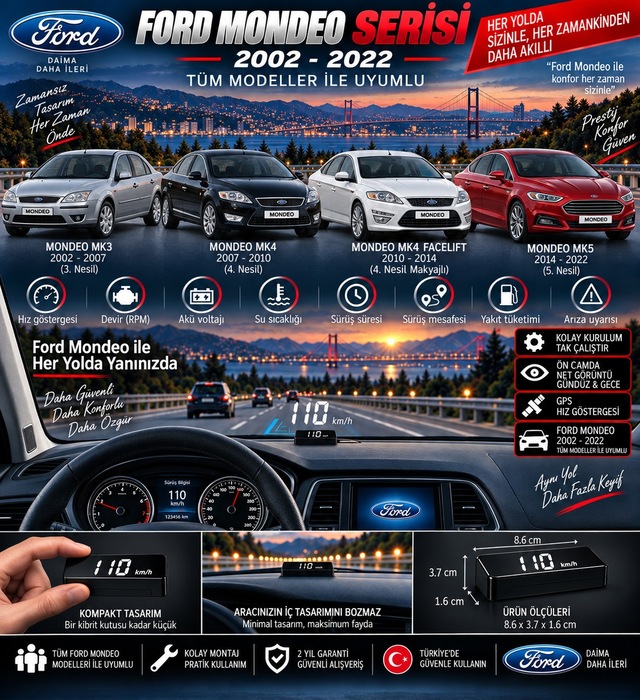 Ford Mondeo 2002-2022 Modeller İçin Head Up Display Hayalet Gösterge Ekranı Ön Cam Hız Göstergesi