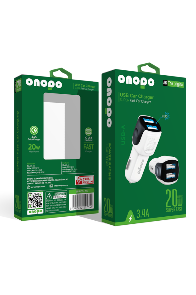 Onopo 3.4a Çift Usb Çıkışlı Hızlı Araç Şarjı 20w - A6