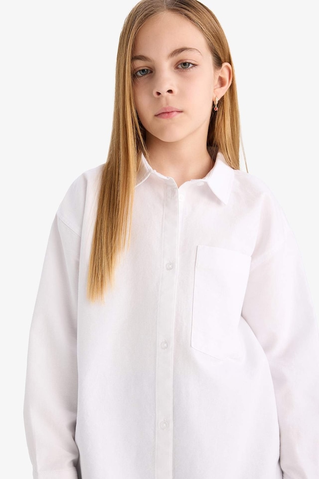 Defacto Kız Çocuk Oversize Oxford Uzun Kollu Gömlek C7482a825auwt34 Beyaz