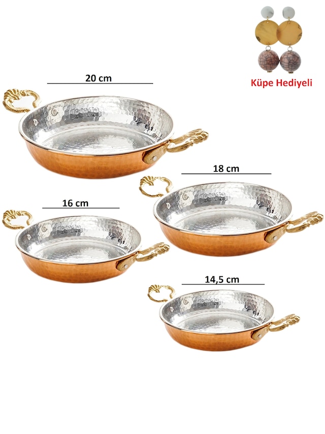 Bakır Dövme 4 Lü Tava Seti Küpe Hediyeli