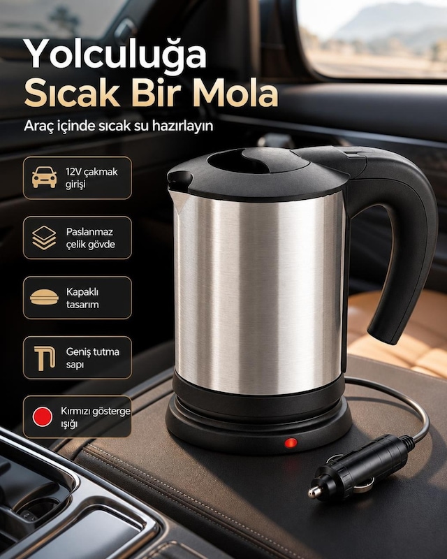 Araç İçi 12v Çakmak Girişli Paslanmaz Çelik Su Isıtıcı Kettle