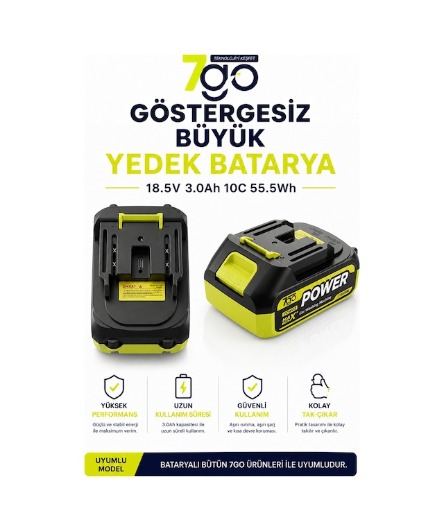 7go Göstergesiz Büyük Batarya 18.5v 3.0ah 10c 55.5wh Li-ıon Yedek Batarya 7go Ürünleri İle Uyuml