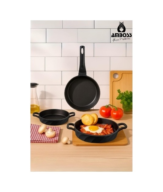 Amboss Vento 3 Parça Döküm 26 Cm Tava 18-20 Cm Sahan Seti AMBOSS.086 Siyah