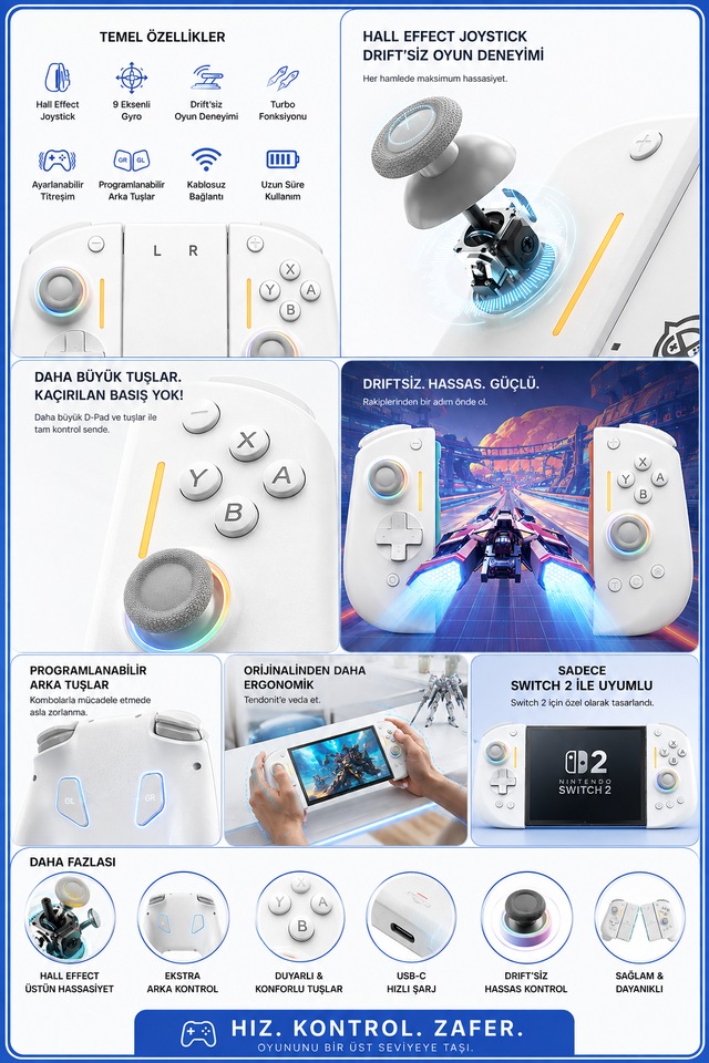 Nyxi Hyperion 3 Beyaz Joypad Switch 2 Hall Effect Drift Yapmayan Joystick Kablosuz Oyun Kolu Joy-con