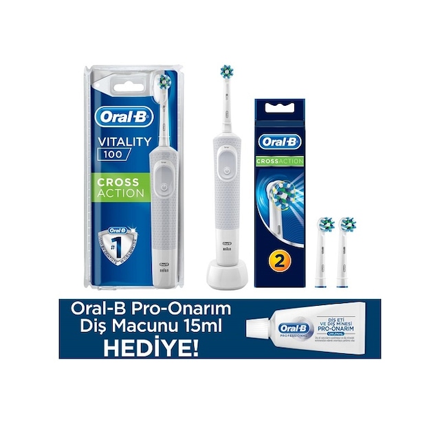 Oral-B D100 Vitality Cross Action Beyaz Sarjlı Diş Fırçası + Cross Action Yedek Başlık 2'li + Diş Macunu 15 ML