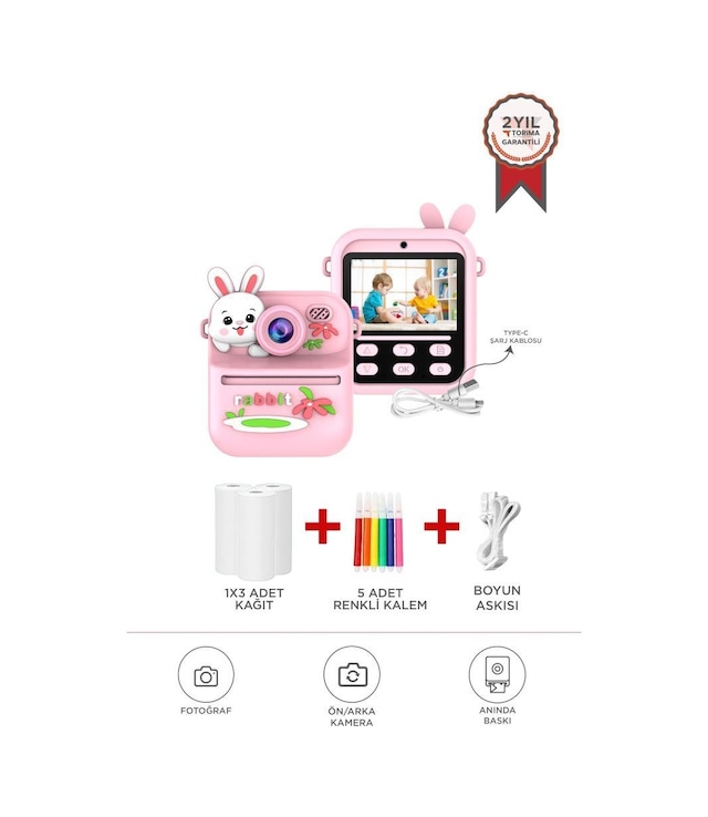 Torima Cmr-33 Pembe Dijital Video Kayıt Fotoğraf Çocuk Kamerası Termal Resim Kağıt Baskılı Yazıcı