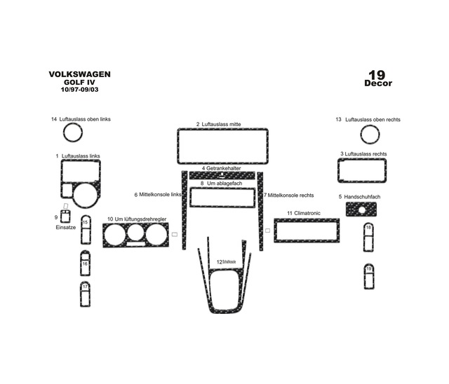 Volkswagen Golf 4 Torpido Kaplama 1997-2003 19 Parça Karbon
