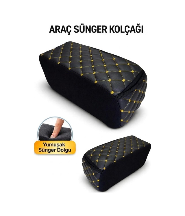 Lüks Oto Kolçak Kol Dayama Koltuk Arası Organizer Cepli Vidasız Montaj Siyah Deri Sarı Dikiş