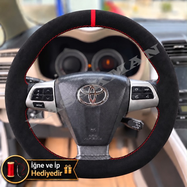 Toyota Matrix E130 Dikme Direksiyon Kılıfı Full Alcantara Süet Kırmızı Yüzük Ve Kırmızı Dikiş 2003-2008