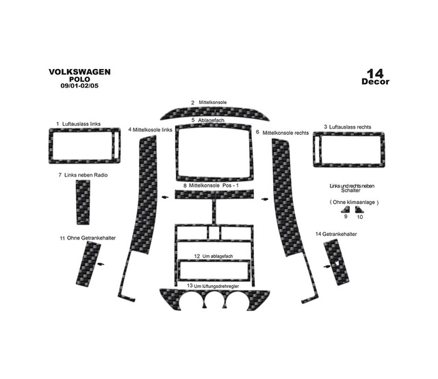 Volkswagen Polo Konsol-torpido Kaplama 2001-2005 14 Parça Karbon