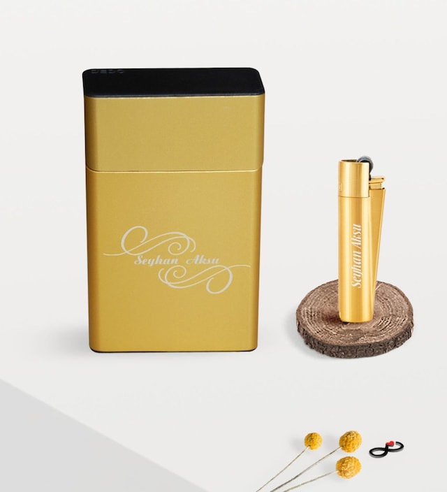 Bk Gift Kişiye Özel İsimli Gold Metal Sigara Tabakası Ve Clipper Çakmak Seti - 3 Siyah