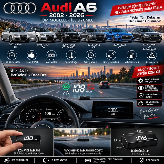 Audi A6 2002-2026 Modeller İçin Head Up Display Hayalet Gösterge Ekranı Ön Cam Hız Göstergesi