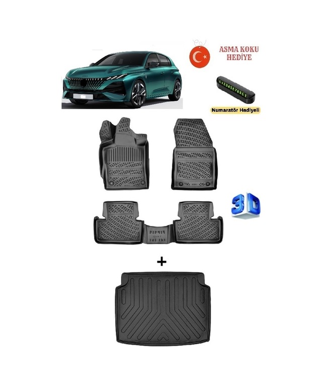 Rizline Peugeot 308 2022 Sonrası Uyumlu 3d Havuzlu Paspas Ve Sabit Zemin Bagaj Havuzu Seti Asma Koku Ve Numaratör Hediyeli