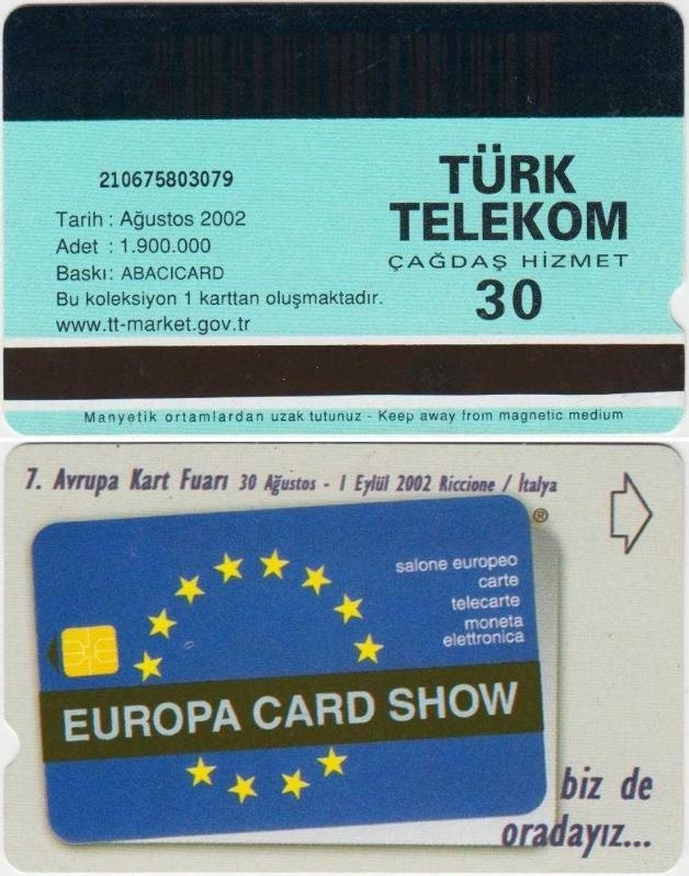 Avrupa Kart Fuarı Telefon Kartı 30'luk Türk Telekom. Ağustos 2002