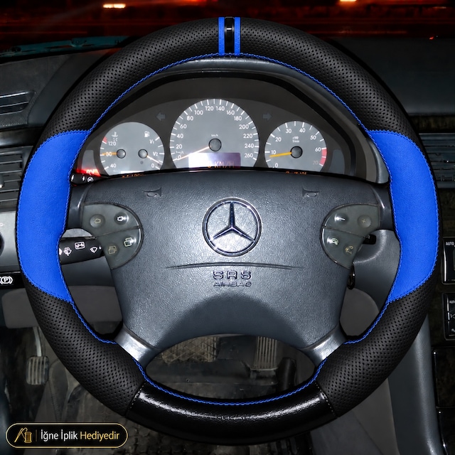 Mercedes E W211-s211 Dikme Direksiyon Kılıfı Delikli Deri Parlak Siyah Mavi Detay Çift Yüzük Ve Dikiş 4 Kollu-geniş Kare-oval Tuş 2002-2006
