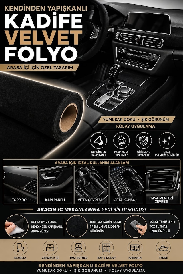 Kendinden Yapışkanlı 30cm X 1 Metre Siyah Süet Kadife Velvet Folyo