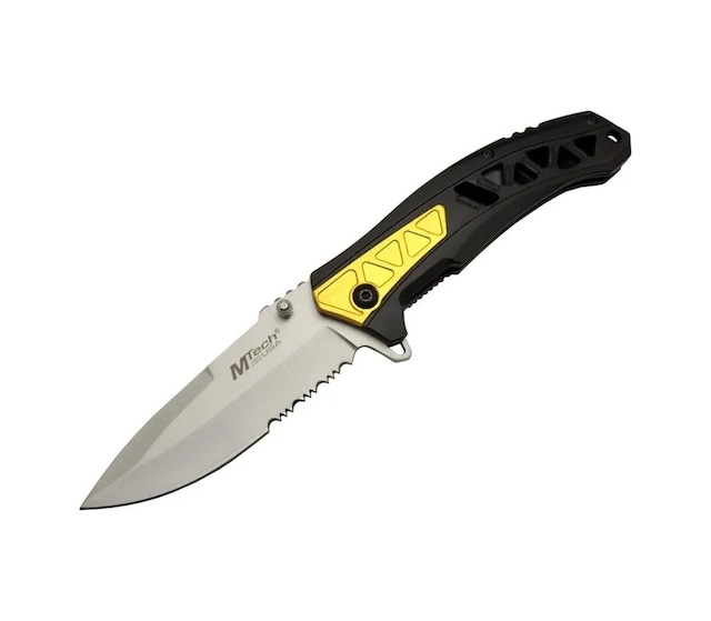 4191 Sarı Kamp Çakı 21cm - Yarı Otomatik, Kemerlikli, Testere Detaylı, Desenli Sap