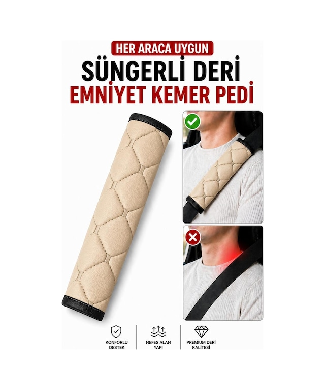 Her Araca Uygun Suni Deri Süngerli Emniyet Kemeri Pedi Bej
