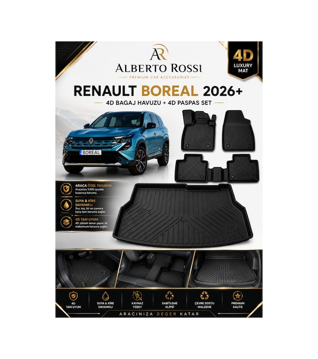 Renault Boreal Alt Kısım 2026+ Araca Özel 4d Bagaj Havuzu + 4d Paspas Seti Birebir Uyum