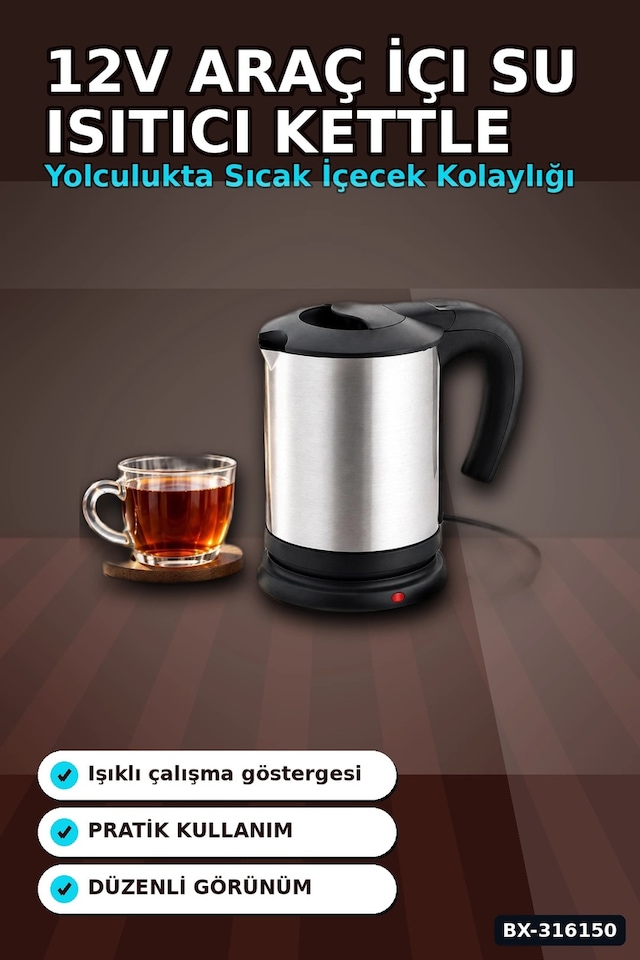 Oto Su Isıtıcı Kettle 12v Çakmaklık Girişli Paslanmaz Çelik Seyahat Tipi Bx-316150