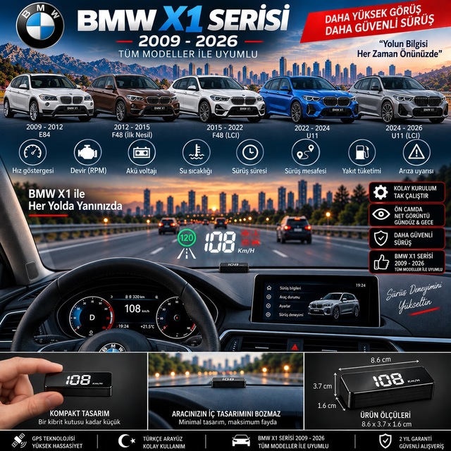 Bmw X1 Serisi 2009-2026 Modeller İçin Head Up Display Hayalet Gösterge Ekranı Ön Cam Hız Göstergesi