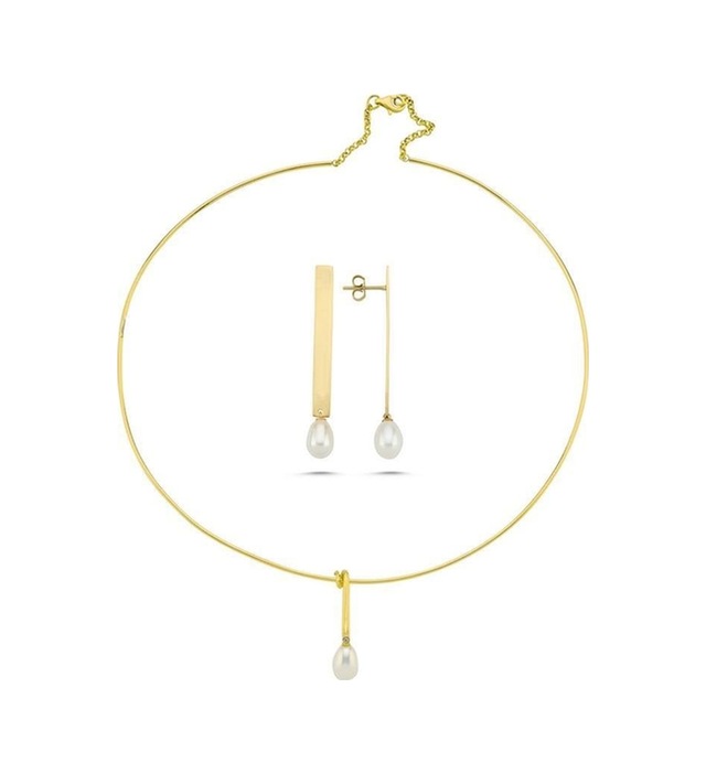 10,5 Mm Doğal İnci Choker Küpe Kolye İkili Set