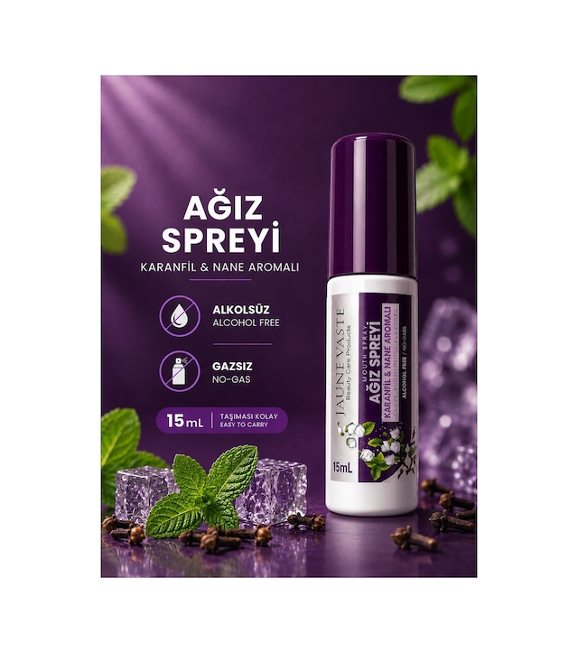 Ağız Spreyi - Ağız Kokusu Giderici, Ferah Nefes, Karanfil & Nane Aromalı, Alkolsüz & Gazsız, 15 Ml