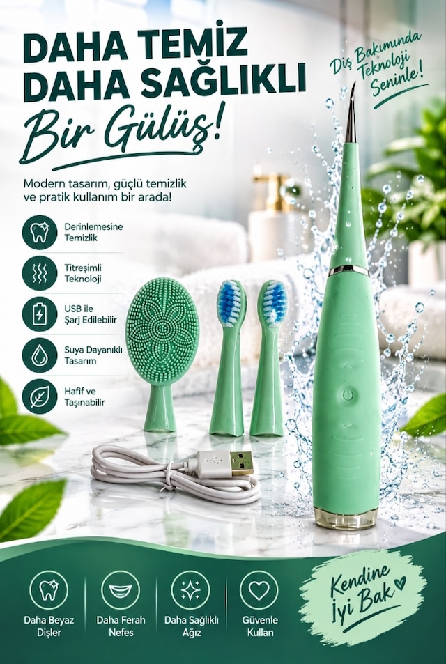 Ağız Bakımı İçin - Diş Fırçası - Diş Taşı Temizleme Cihazı - Dil Temizleyici - Usb Şarjlı - 3 Lü Bakım Seti