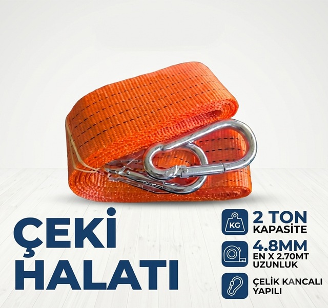2 Ton Kemer Tipi Araç Çeki Halatı Çelik Kancalı 4.8mm X 2.70 Metre