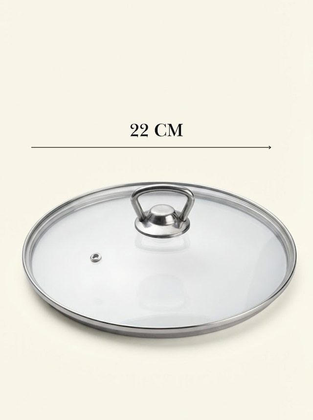 Isıya Dayanıklı Cam Tencere Tava Kapağı - Metal Kulplu Buhar Delikli Yedek Kapak 22 Cm Şeffaf