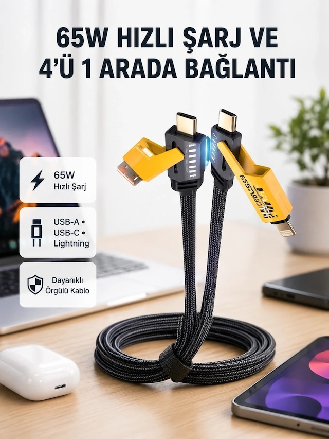 Ers Usb-c Usb-a 4 Ü 1 Arada Örgülü Kablo 65w Hızlı Şarj Metal Uç Dayanıklı