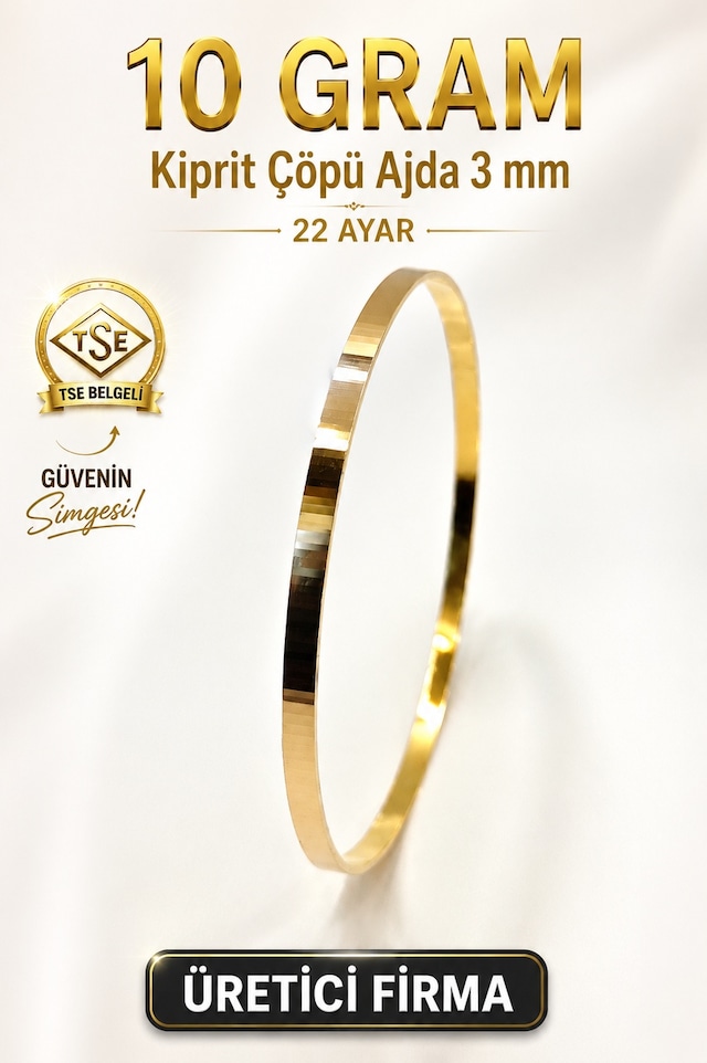 22 Ayar Tse Belgeli 10 Gram 3 Mm Kibrit Çöpü Ajda Altın Bilezik İşçiliksiz Yatırımlık