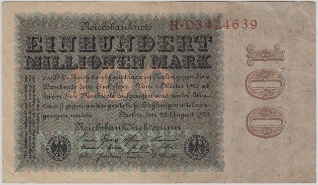 Almanya 100 Milyon Mark 1923 Weimar Cumhuriyeti Dönemi. Çok Çok Temiz.