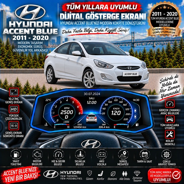 Hyundai Accent Blue 2011-2020 İçin Digital Gösterge Odb Ekran Arıza Göstergesi Turbo Gösterge Hayalet Ekran