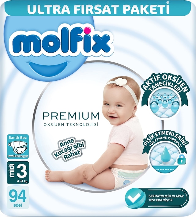 Molfix Premium Bebek Bezi Beden:3 4-9 KG Midi Ultrafırsat 94 Adet