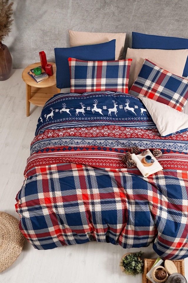 Mystory Home Yılbaşı Cerf Çift Kişilik Nevresim Takımı Lastikli Çarşaf Kırmızı – Lacivert